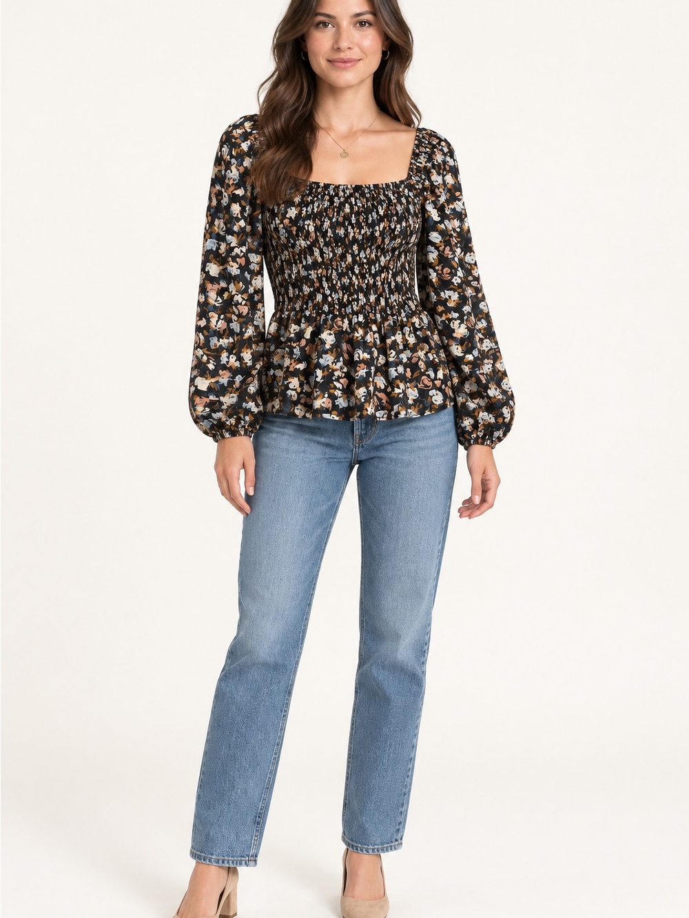 HAYDEN Los Angeles Black Floral Smocked Peplum Blouse Size Small